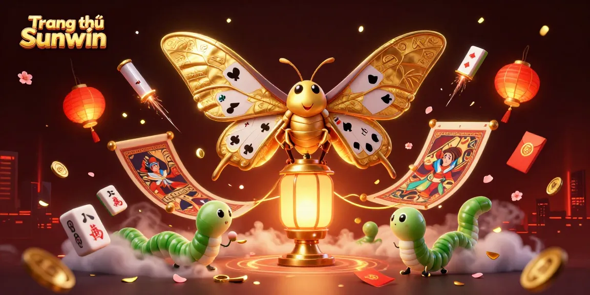 Experience thrilling gameplay at Trang chủ Sunwin with vibrant casino-themed 3D illustration featuring golden moths.