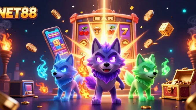 NET88 showcases exhilarating wins with a cartoon wolf pack amidst vibrant casino elements.