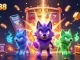 NET88 showcases exhilarating wins with a cartoon wolf pack amidst vibrant casino elements.