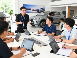 Engaging car sales training session with trainees learning from a coach in a modern dealership.