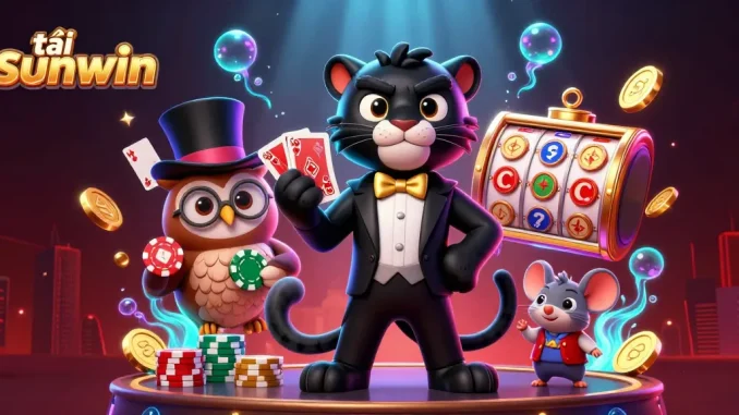 Play engaging games with tải sunwin in a vibrant casino scene featuring animated characters and various game elements.