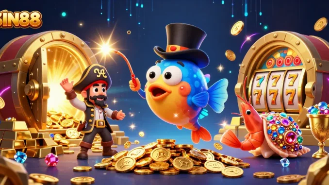 SIN88 brings excitement with a vibrant anglerfish, pirate shrimp, and gem-studded sea snail in a dynamic casino setting.