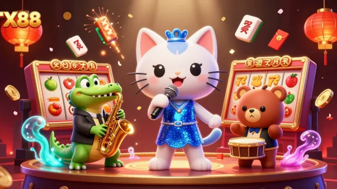 TX88 jazz-singer cat on stage with slot reels, lucky symbols, and lively characters in colorful casino scene.