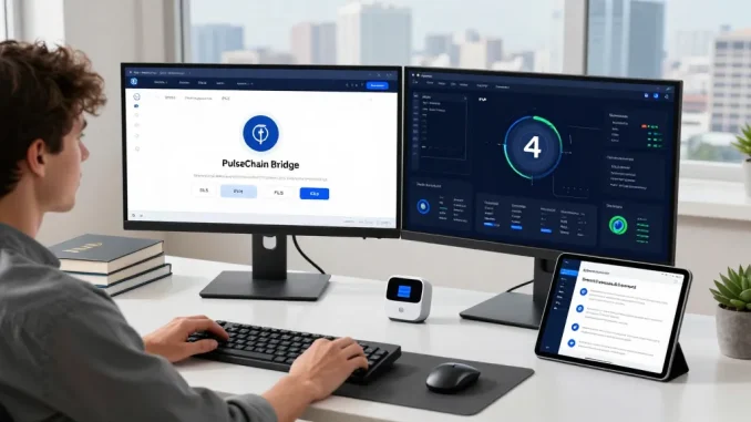 PulseChain Bridge interface displayed on monitors in a modern tech workspace