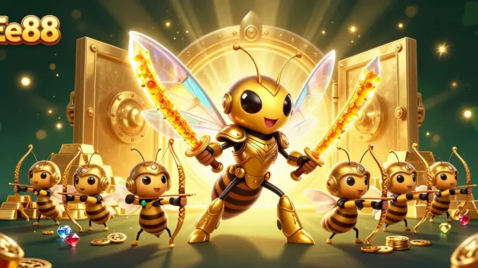 Engage in thrilling adventures with Ee88 as a golden hornet warrior explores casino treasures.
