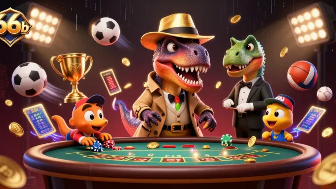 Experience thrilling action at 66b with a colorful 3D scene of a velociraptor card counter and vibrant sports elements.