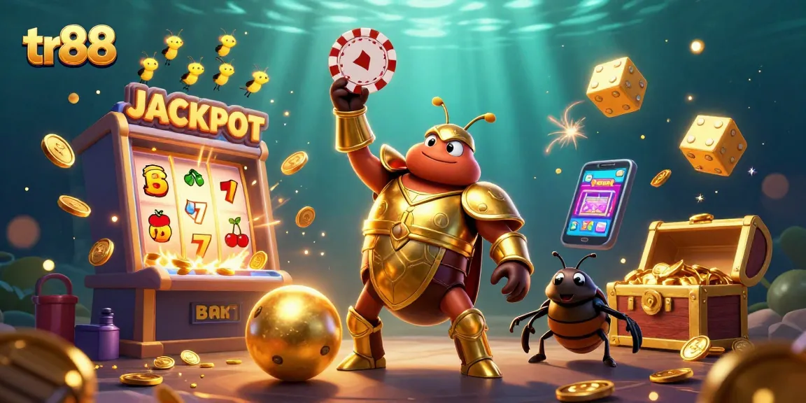 Engage with tr88's thrilling casino experience featuring a victorious hercules beetle in a golden atmosphere.