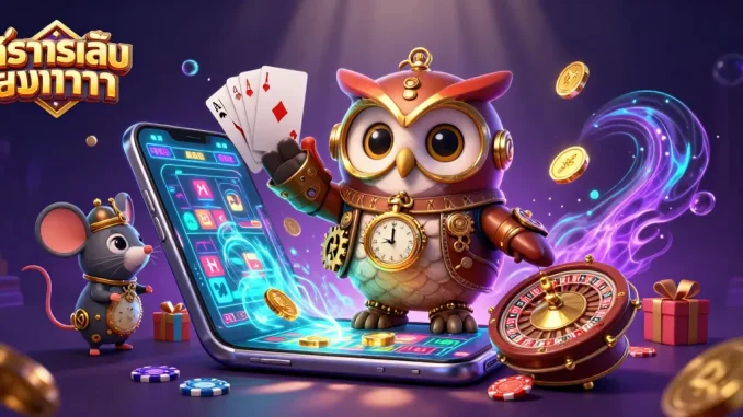 Experience ทดลองเล่นบาคาร่า with a whimsical owl and mouse in a vibrant casino scene.