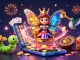 SUNWIN brand illustration depicting a vibrant casino theme with a butterfly queen and gaming elements.