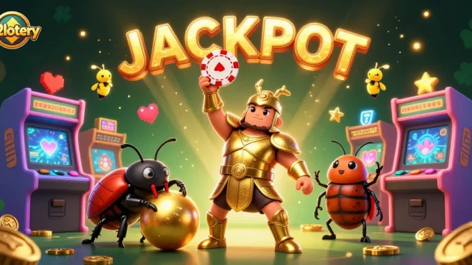 Engage with 92lottery as a heroic beetle lifts a poker chip amid vibrant gaming elements.