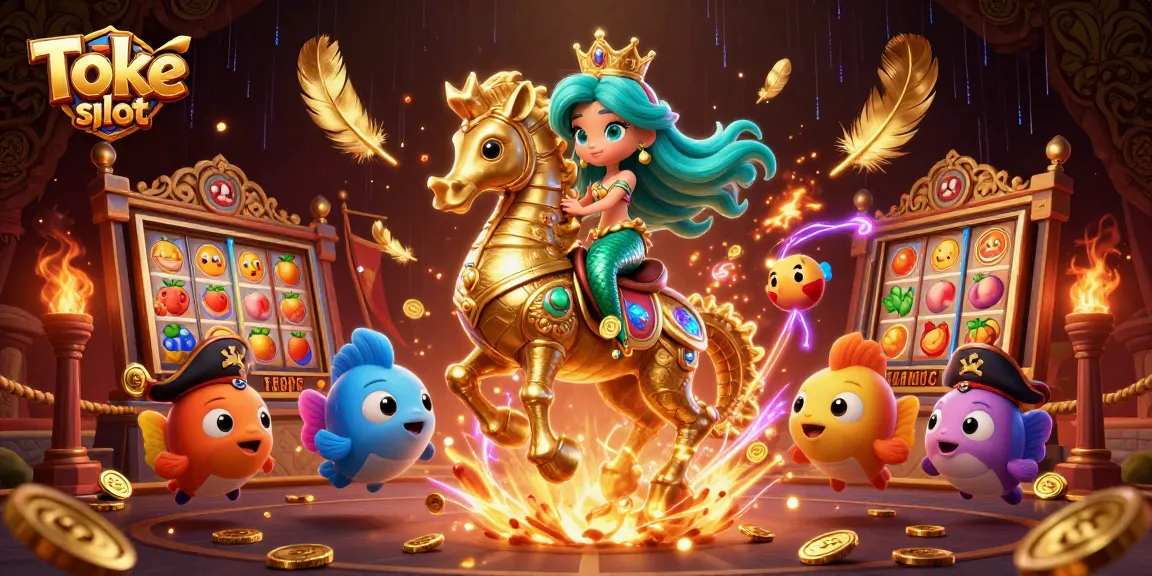 Toke slot scene showcasing a vibrant 3D mermaid and seahorse duo in an energetic casino setting with slot elements.