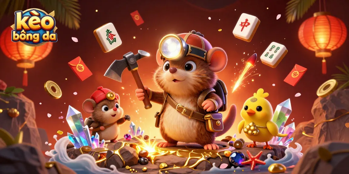 Engage in kèo bóng đá with vibrant treasure-filled 3D illustration showcasing a mining mole and glowing gems.