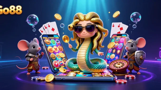 Win big at Go88 with vibrant games featuring Medusa and a warrior mouse in a playful casino scene.