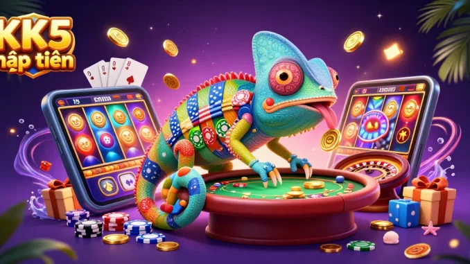 Experience the vibrant world of KK5 nạp tiền with a chameleon casino owner capturing golden coins, bringing excitement to online gaming.