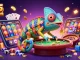 Experience the vibrant world of KK5 nạp tiền with a chameleon casino owner capturing golden coins, bringing excitement to online gaming.