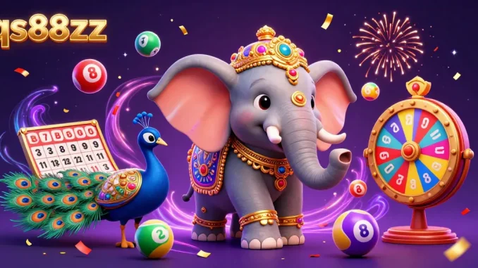 Spin and win with qs88zz's vibrant 3D casino scene featuring lottery elements and festive characters.