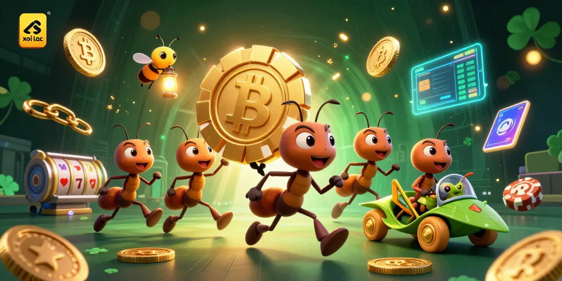 Xoi lac gameplay scene featuring ants in a heist with poker chips and vibrant crypto elements.