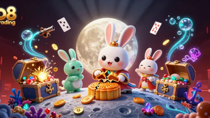 Experience the thrill of o8 trading with vibrant visuals showcasing poker chips, bioluminescence, and playful characters.