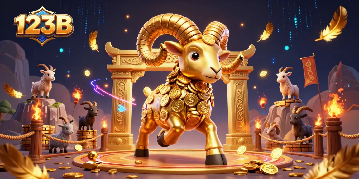 Experience thrilling gameplay at 123B, as golden ram charges in a vibrant casino arena with rich gaming elements.
