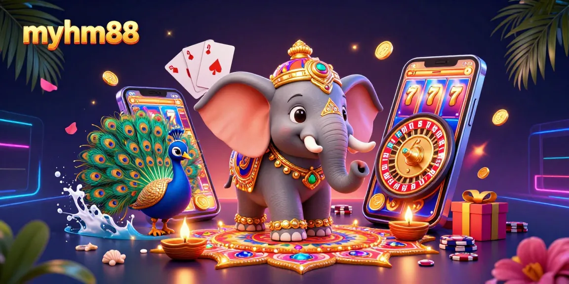 Engage with exciting slot games at myhm88, featuring a lively casino atmosphere with vibrant elements.