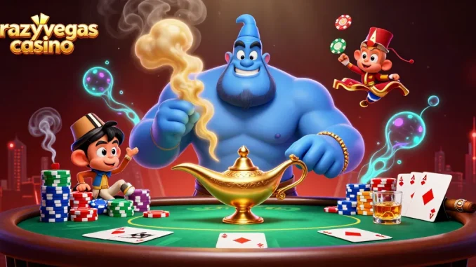 Experience thrill with crazyvegas casino as a genie reveals poker excitement in an enchanting scene.