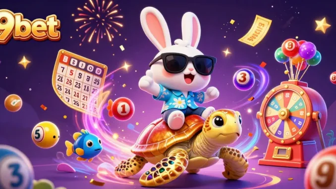 Engage in thrilling games with 9bet's vibrant lottery scene featuring lucky rabbit and golden sea turtle.