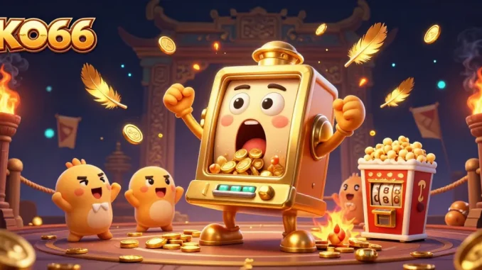 KO66 slot machine celebrates big wins with an animated casino scene of vibrant golden coins.