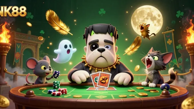 Experience NK88's thrilling casino action with Frankenstein bulldog and ghost mouse at the table.