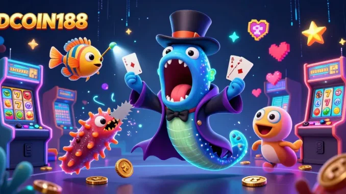 IDCOIN188 showcases a vibrant casino illustration with unique characters and dynamic gaming elements.