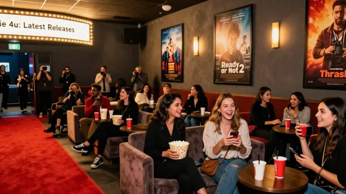 Excited moviegoers at a premiere night showcasing movie 4u latest releases in a vibrant theater.
