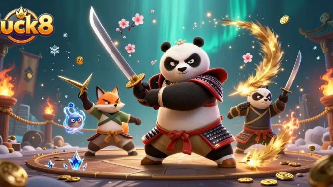 Engage with luck8's thrilling gaming world featuring samurai panda, ninja fox, and magical tanuki in a vibrant casino atmosphere.