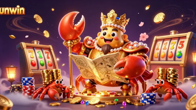 Spin the reels at sunwin with a golden crab emperor amid vibrant casino elements.