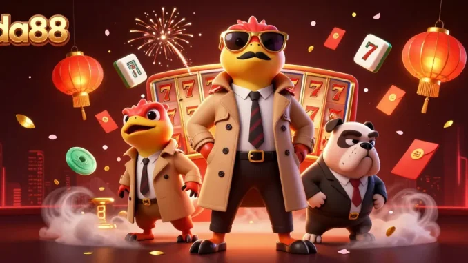Experience da88 excitement as three cartoon raptors cleverly disguise themselves to sneak into a VIP casino lounge.
