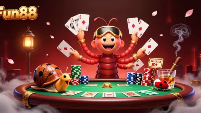 Fun88 engages players with a lively poker scene featuring a millipede dealer and vibrant card elements.