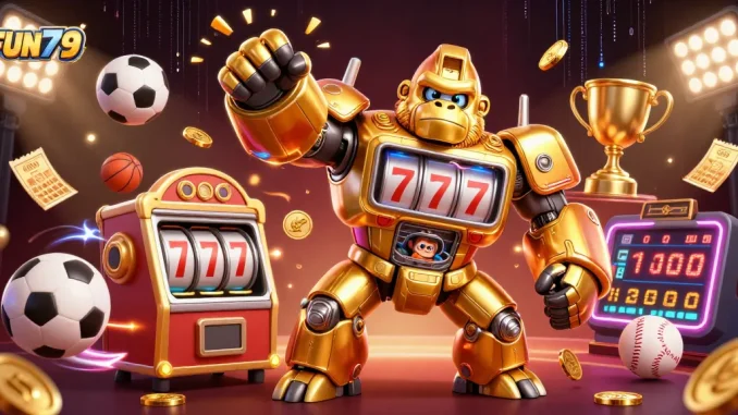 Experience thrilling gameplay at FUN79 with a golden gorilla mech, sports balls, and dynamic elements!