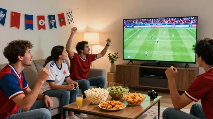 Excited fans watching a live match on موقع IHD Sports, snacks and team flags enhance the vibrant atmosphere.