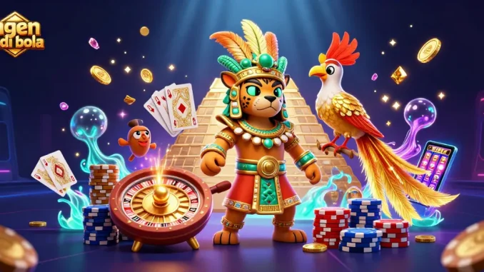 Experience thrilling betting with agen judi bola as a Mayan priest and quetzal bird celebrate the casino atmosphere.