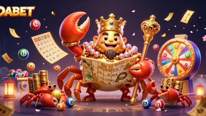 DABET offers exciting lottery games with vibrant balls and energetic characters promoting thrilling gambling experience.