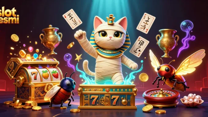 Experience thrilling gameplay with slot resmi featuring a vibrant Egyptian mummy cat and dynamic casino elements.