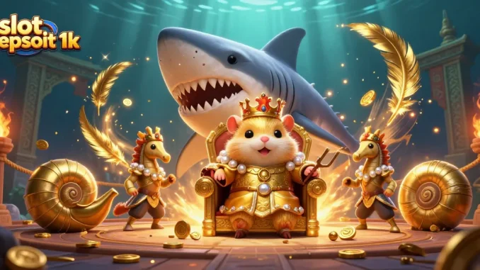 Experience the thrill of slot depsoit 1k with a golden hamster king in a vibrant casino-themed 3D illustration.