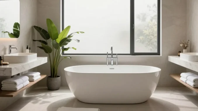 Luxurious bathroom featuring KKR solid surface freestanding bathtub and basin, showcasing modern design.