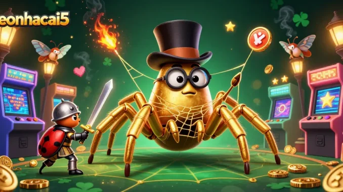 keonhacai5 showcases a golden tarantula weaving a web of gold in a vibrant casino scene, attracting players.