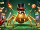 keonhacai5 showcases a golden tarantula weaving a web of gold in a vibrant casino scene, attracting players.