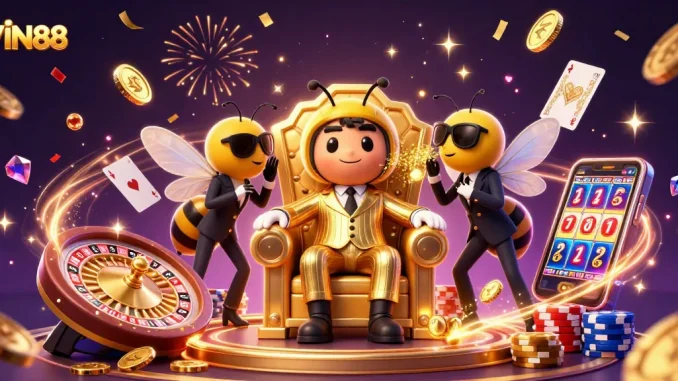 Experience the excitement of VIN88 with a vibrant casino scene, showcasing a bee mob boss amid dynamic game elements.