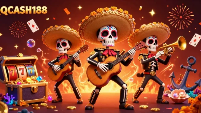 Engage with the exciting QQCASH188 casino experience featuring a vibrant Dia de los Muertos mariachi band.