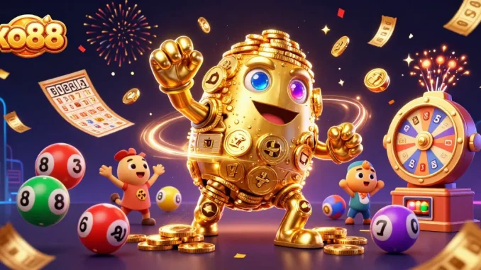 Engage with the excitement of xo88 as a golden golem and lottery elements create a spectacular casino scene.