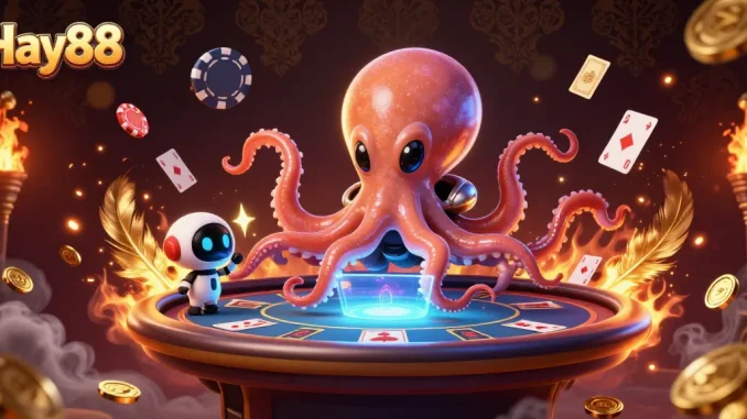 Hay88 players experiencing a vibrant poker adventure with a cartoon alien octopus at a dynamic table.