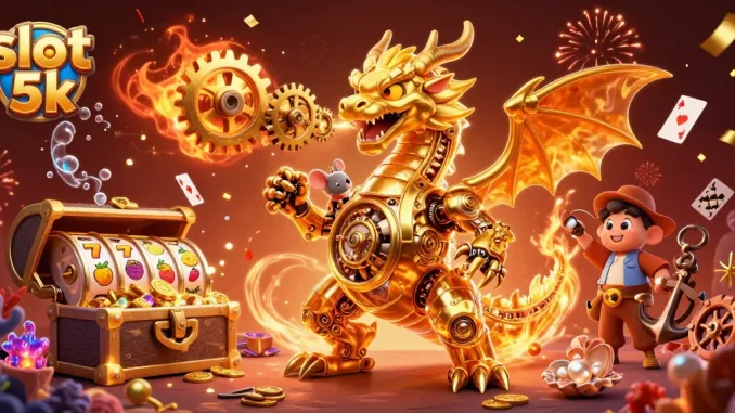 Experience the excitement of slot 5k with a dynamic golden dragon illustration amidst treasure.