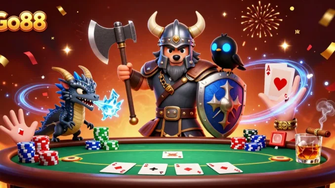 Engage with Go88's thrilling world of poker battles featuring a Viking wolf warrior, dragon, and intense game elements.