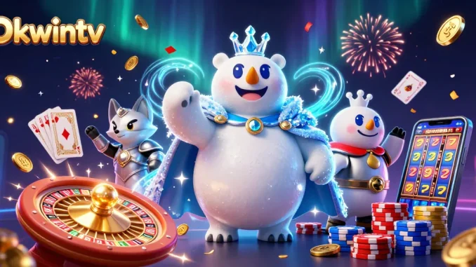 Experience Okwintv's gaming magic with a vibrant 3D illustration depicting riches and excitement.